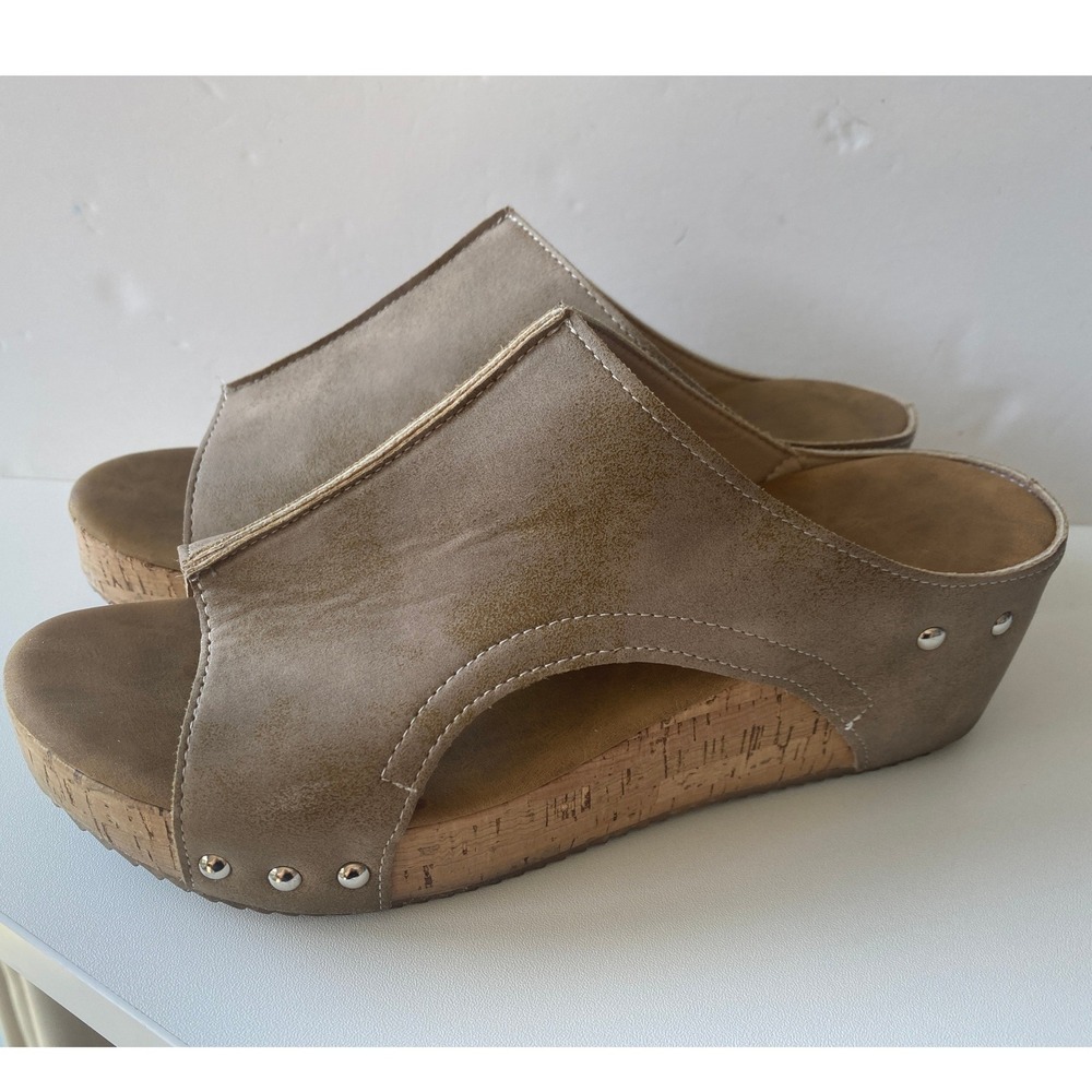 Tan Cork Wedge Slide Sandals Studded Faux Suede Platform Mules Brown Size 41